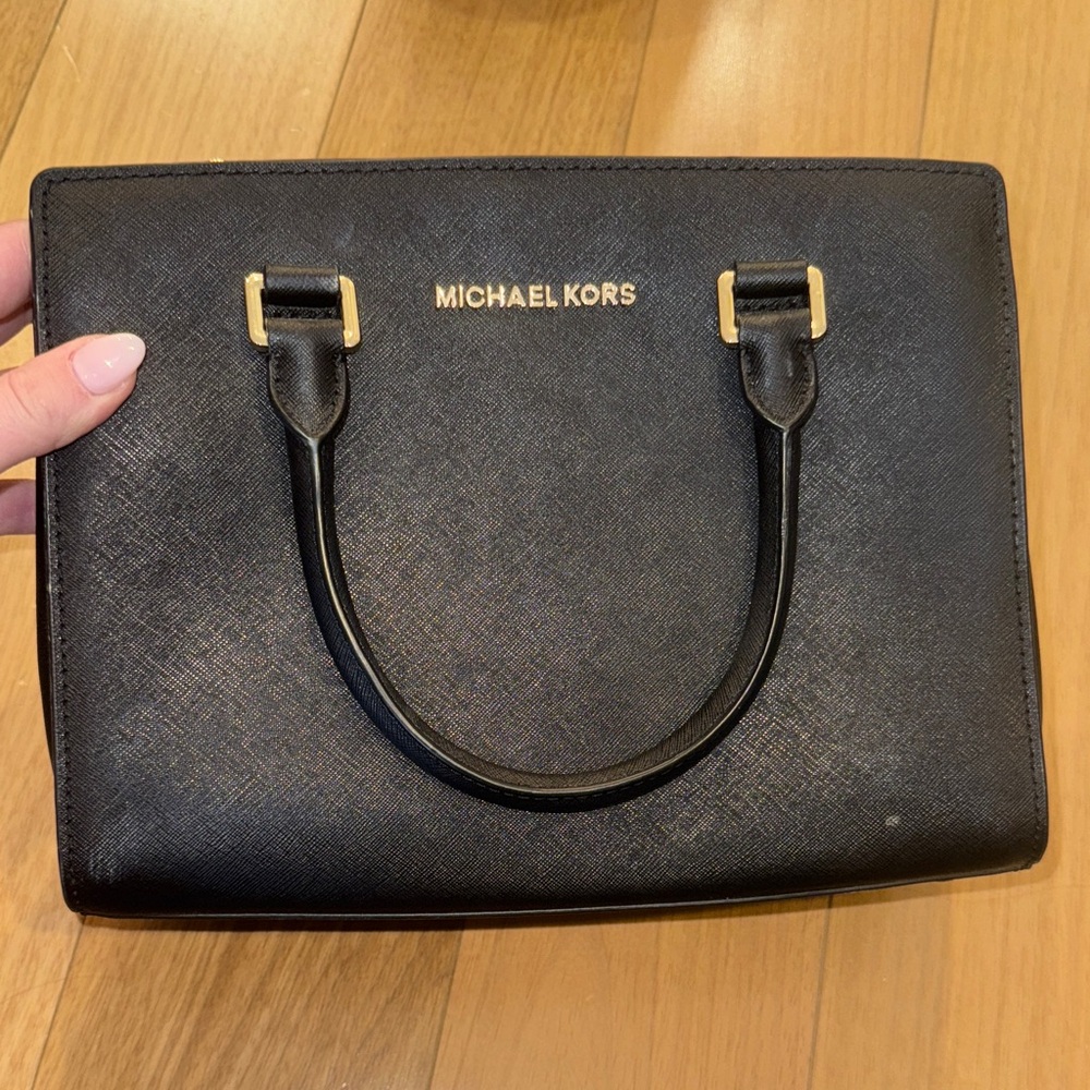 Michael Kors Black Leather Handbag with Gold Hardware